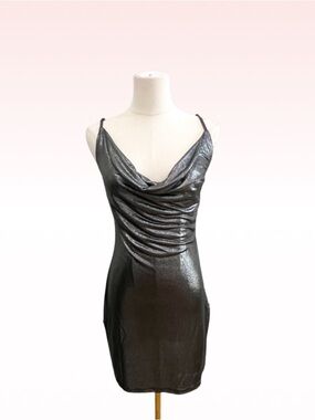 SAINT GENIES Metallic Silver Slinky Cowl Neck Dress (Sz 10)